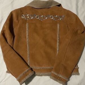 Vintage Embroidered Gem Shearling Jacket Women’s Large Suede Leather 90s Y2K